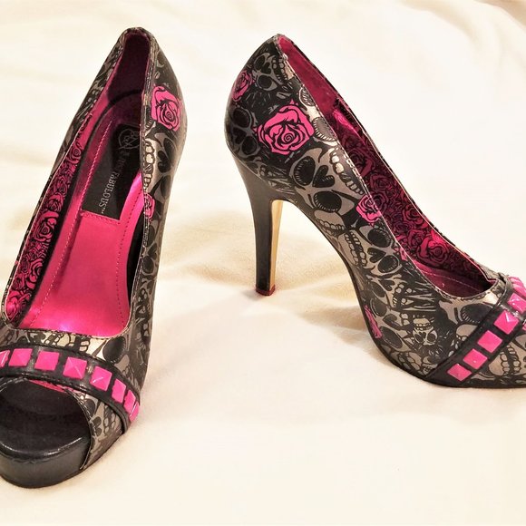 Iron Fist Pink Grey Black Fetish Heels Peep Toe 7 - Picture 6 of 15
